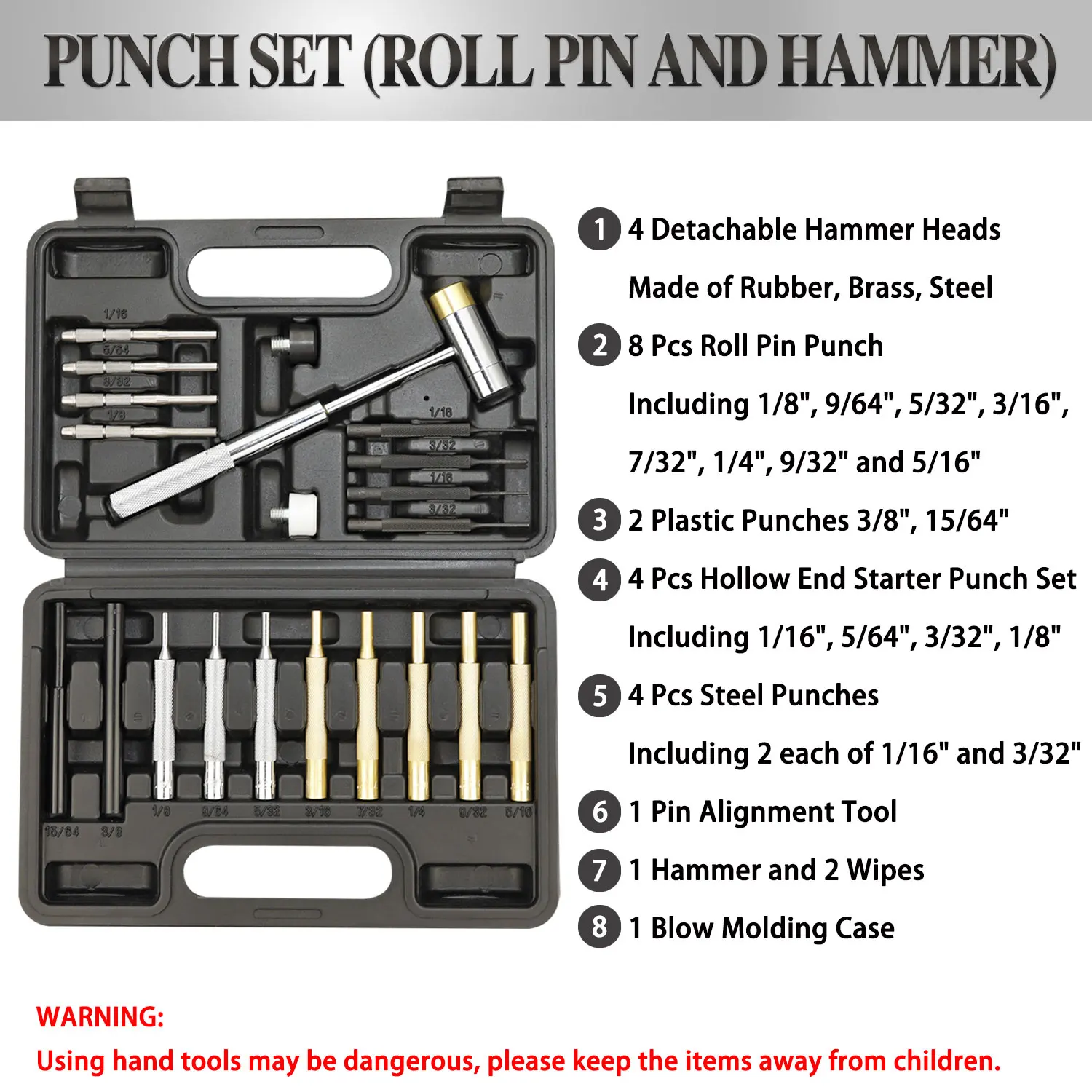 BESTNULE Roll Pin Punch Set, Made of Solid Material Including Steel Punch with Hammer for Gunsmiths, Jewelry and Watch Repair