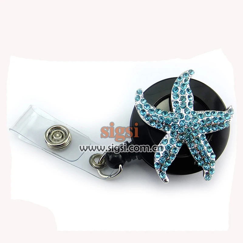 Wholesale Blue Crystal Starfish Rhinestone Retractable Reel ID Badge Holder