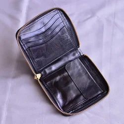AETOO Vintage men's wallet, leather zipper wallet, first layer cowhide wrinkled personality youth soft leather short wallet