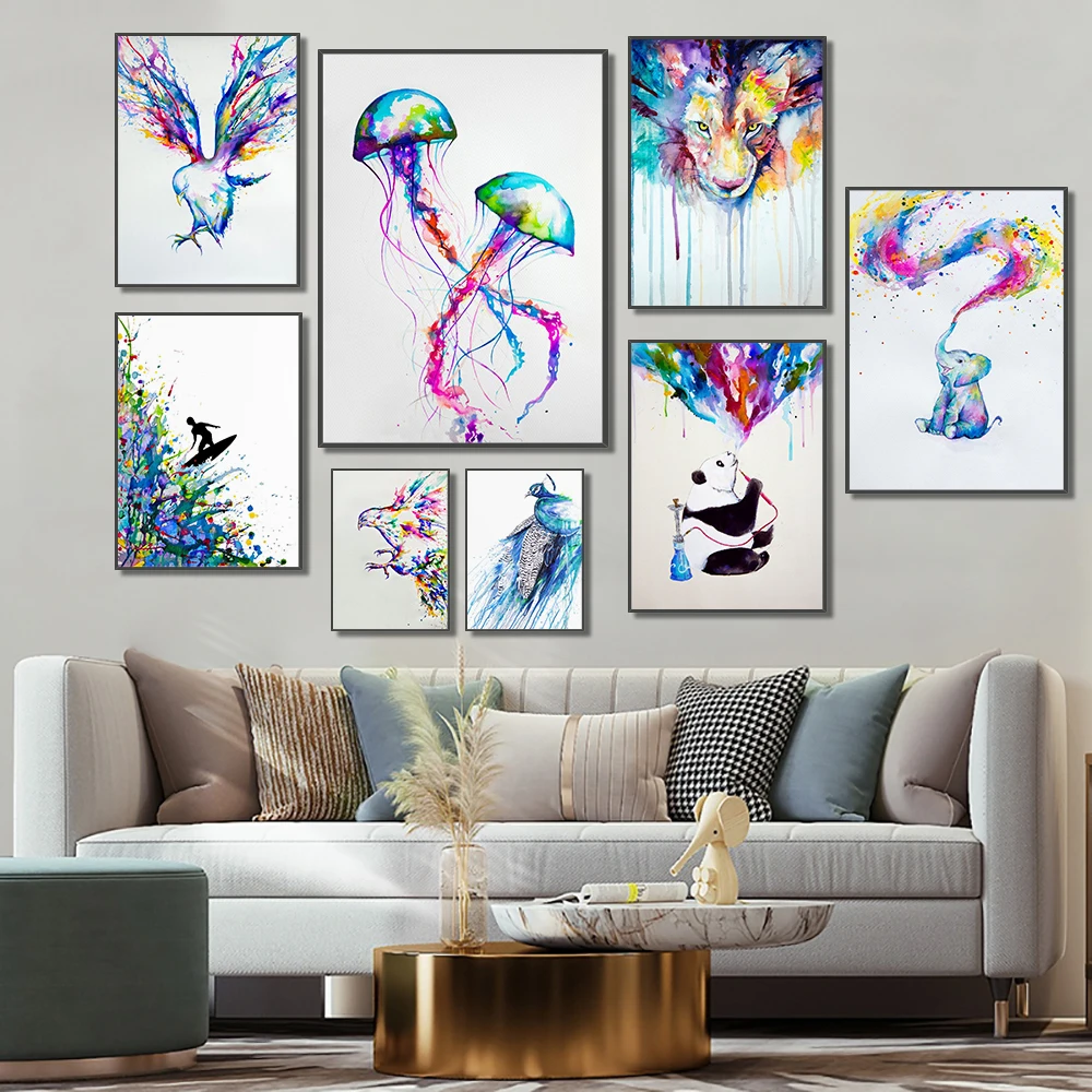 

Watercolor and animal lion peacock eagle elephant wall art canvas poster printing picture home living room decoration painting p