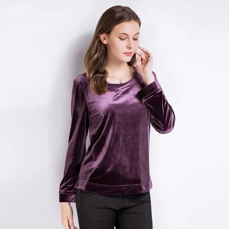 Woman Clothes Fall Winter Womens O-Neck Black Purple Velour Shirts Tops Casual Women Spring Autunm vintage Velvet blouse