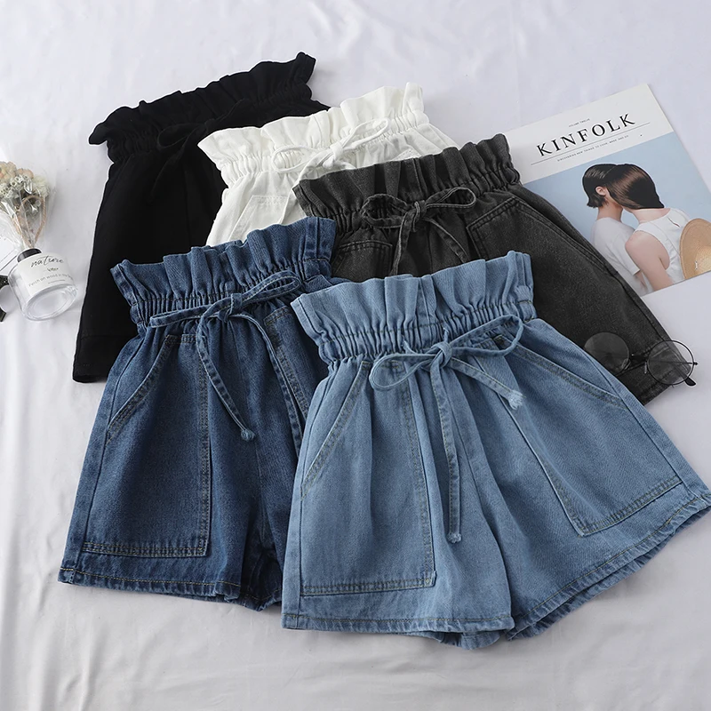 

Summer High Waist Denim Shorts Women Casual Loose Ladies Vintage Lace-up Elastic Waist Pocket Blue White Black Jeans Female