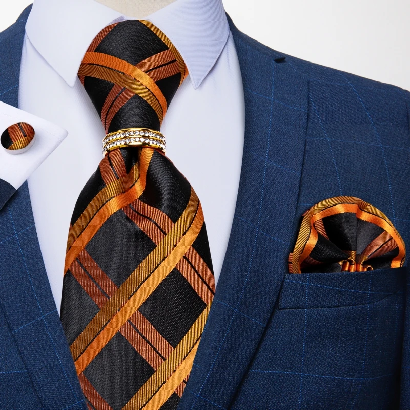 8cm Width Orange Plaid Black Men's Ties Silk Jacquard Business Wedding Party Neck Tie Gravatas Tie Ring Set Gift For Men DiBanGu