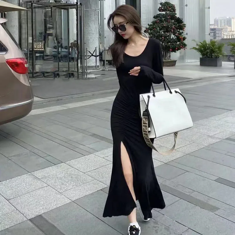 Women Spring Autumn Long Sleeve Dress Black Chic Split Midi Vestidos Office Lady Sexy Solid Ruffles Dress All-match Outfit