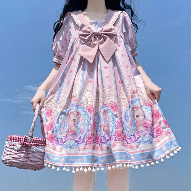 Original Design Lolita Sweet Bear Canned Dress Cute Sail Collar Short Sleeve Dress Bow Party Dress