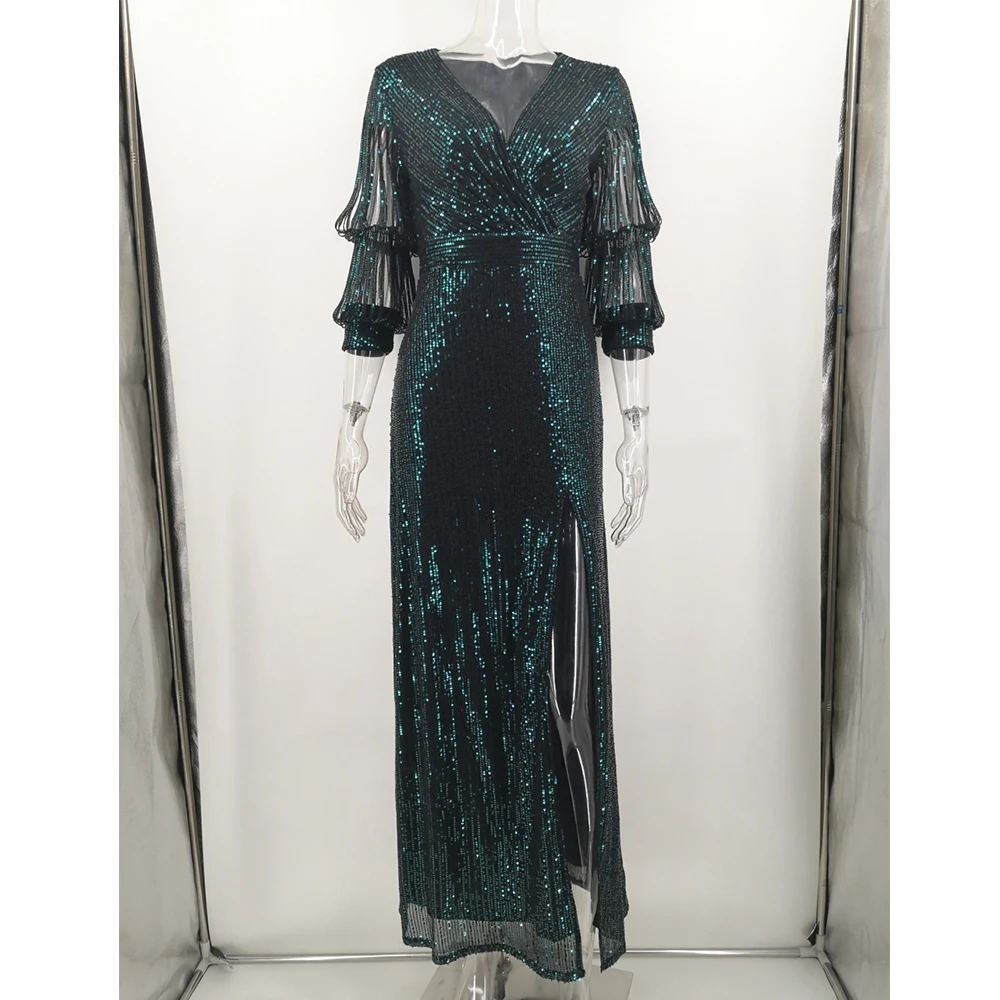 Robe Maxi Vintage à Paillettes Vertes pour Femme, Élégante, Moulante, Longue, de Soirée, de Mariage, de Noël, Éducative, HL, Été