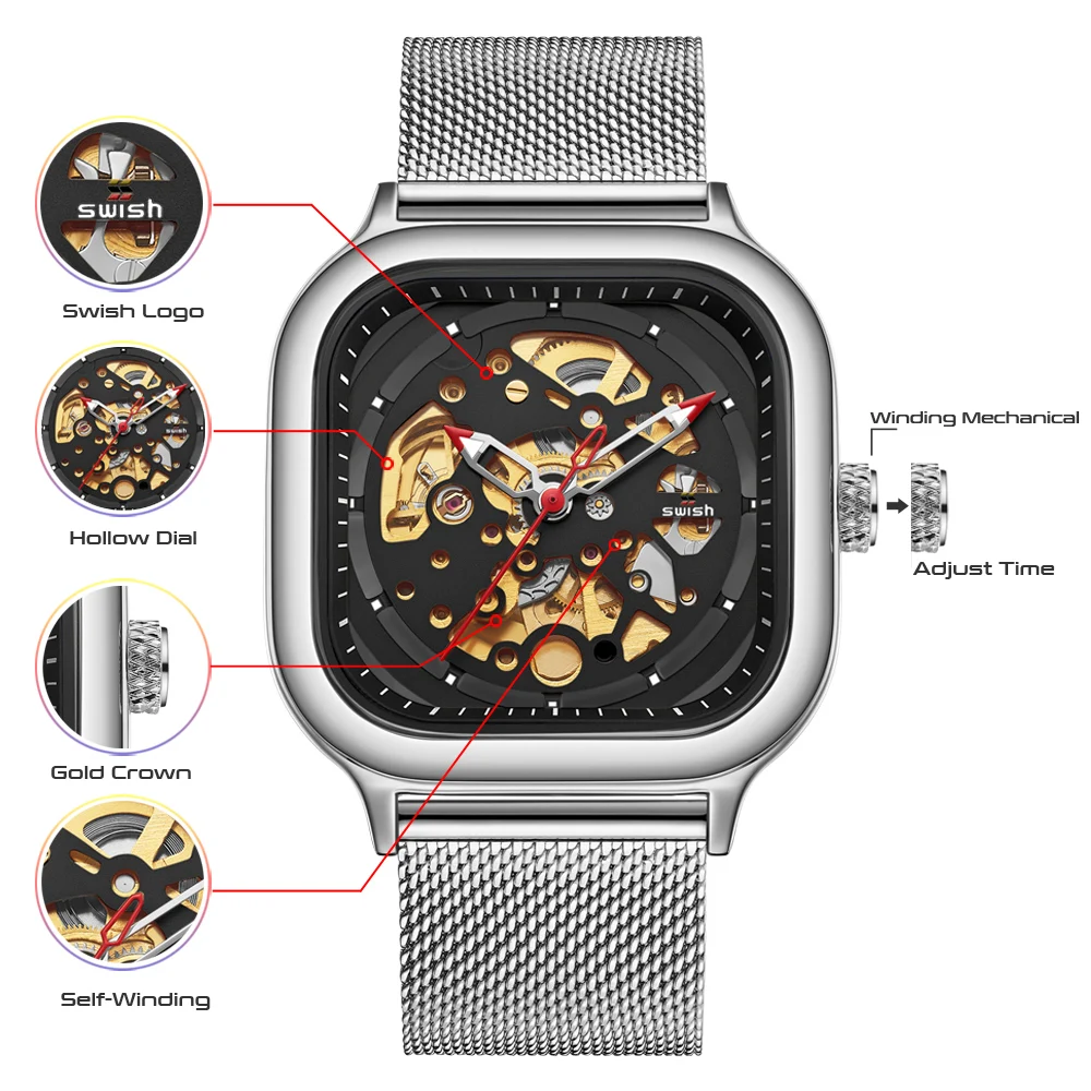 Stainless Steel Silver Mechanical Wristwatch Mens Top Brand Luxury Automatic Timepiece Waterproof Square Clock Relogio Masculino