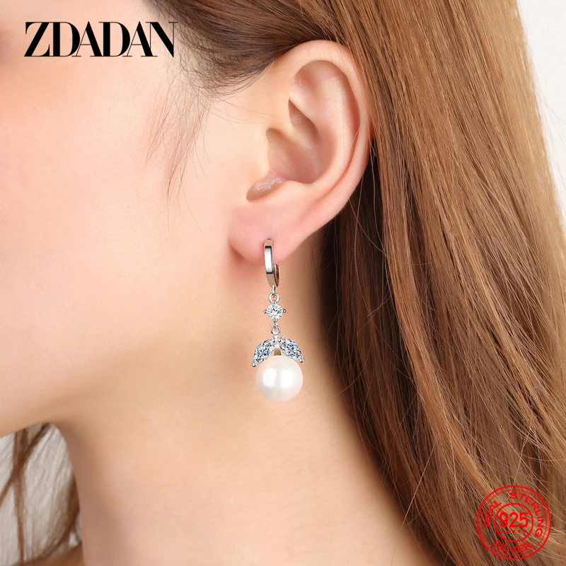 Zdadan 925 Sterling Silver Leaf 12Mm Parel Oorbellen Voor Vrouwen Fashion Wedding Party Sieraden Gift