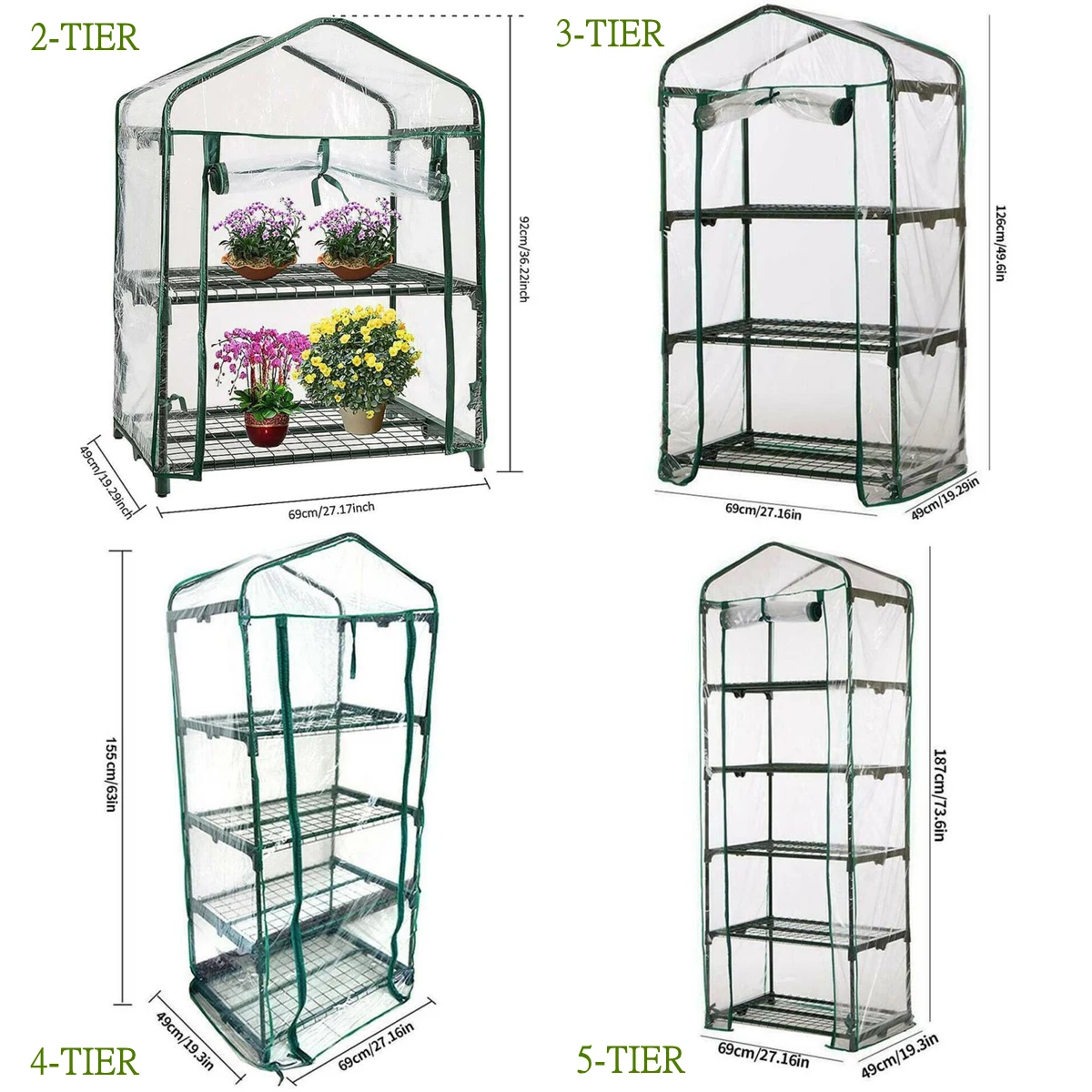 2-5 Tiers PVC Greenhouse Cover with Zipper Door, Outdoor Indoor Flower Plant Grow Tent Replacement Greenhouse Cover - No Shelves