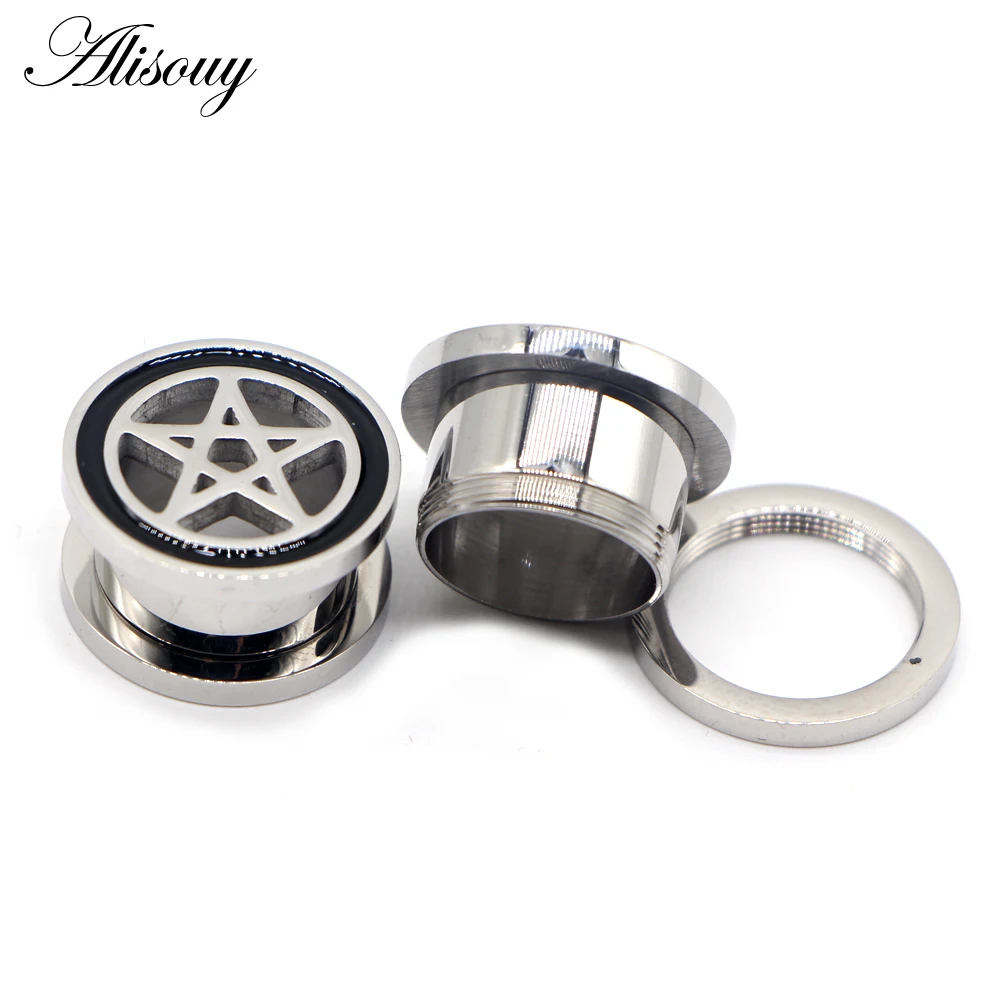 Alisouy 2pcs Pentagram Stainless Steel Double Flared CZ Star Ear Tunnel Flesh Plugs Orelha Gauges Earrings Body Piercing Jewelry