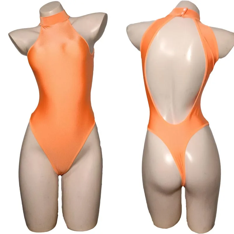 

Orange Women Bodycon Open Back One Piece Bodysuit Swimsuit Monokini High Cut Thong Leotard Teddies Rave Dance Wear