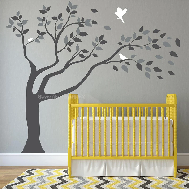 

2 Color Leaves With Branches Huge Tree Wall Sticker Large Tree With Birds Home Decoration Living Room Nursery Decal Mural LL2544