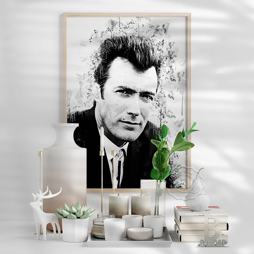 Watercolour Clint Eastwood Black White Sketch Poster, Handsome Man American Actor Film Director Art Print, Minimalism Home Decor