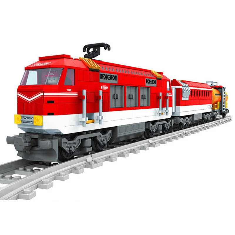 เมืองรถไฟรถชุดบล็อกอาคารสถานีแทร็กรถไฟ Cargo passenger รางอิฐชุดของเล่นก่อสร้าง