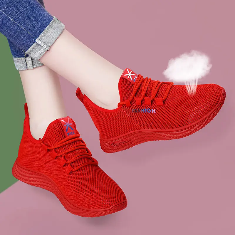 Woman Tennis Shoes Lace Up Ladies Red Light Gym Sports Shoes Female Sneakers Breathable Women Flats Outdoor Walking Shoes