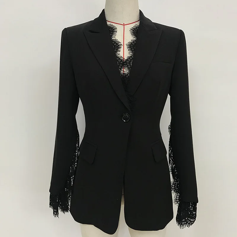 

Autumn 2021 Chic OL elegant lace patchwork black/white blazers jackets A668