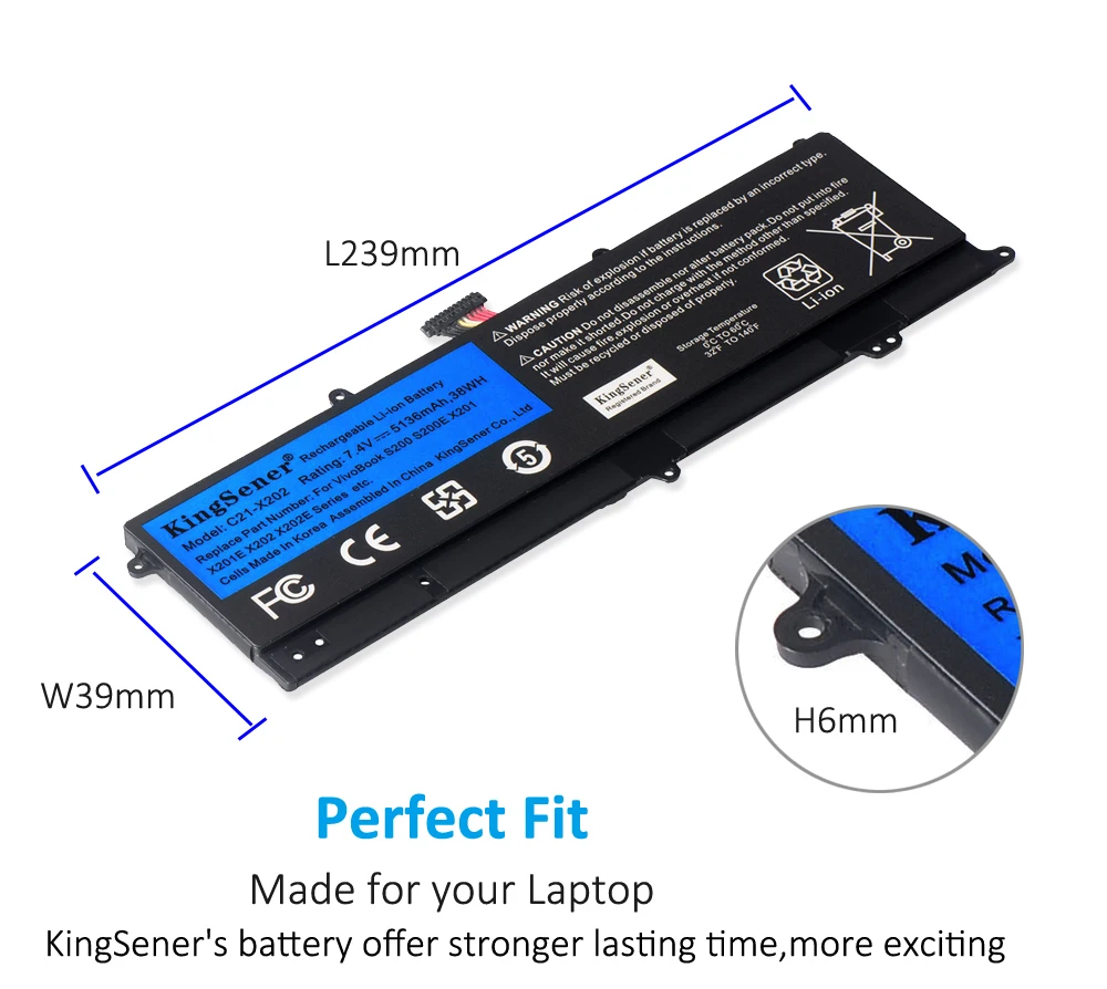 KingSener 5136mAh C21-X202 Laptop Battery for ASUS VivoBook S200 S200E X201 X201E X202 X202E S200E-CT209H S200E-CT182H S200E-CT1