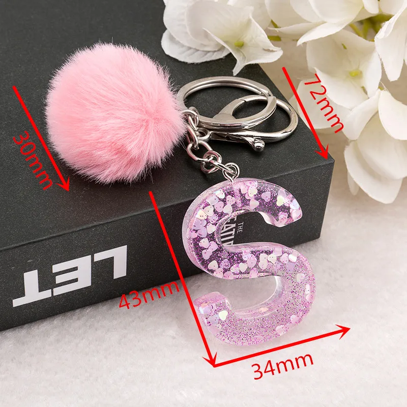 1PC  Woman Keyring Pink Color English Letter Resin Keychain with Puffer Ball 26 Words  A TO Z Handbag Charms