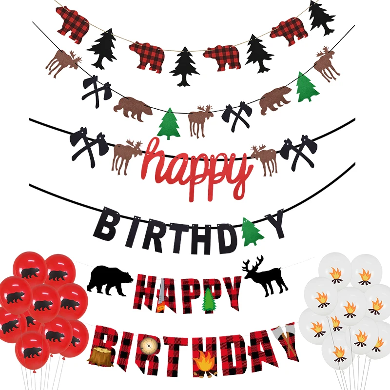 Sets Kids Party Decorations Lumberjack Cake Topper And Balloon Happy Birthday Banner Party Favors Supplies