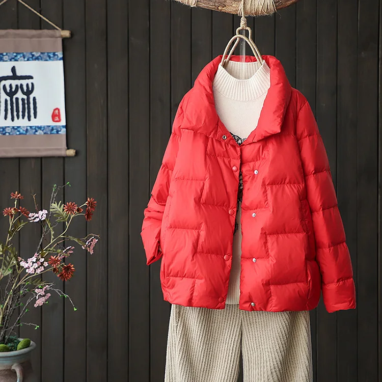 Schinteon Women Light Down Jacket Simple Casual Solid Color Stand Collar Short Outwear Autumn Coat Female New 2023 Fashion