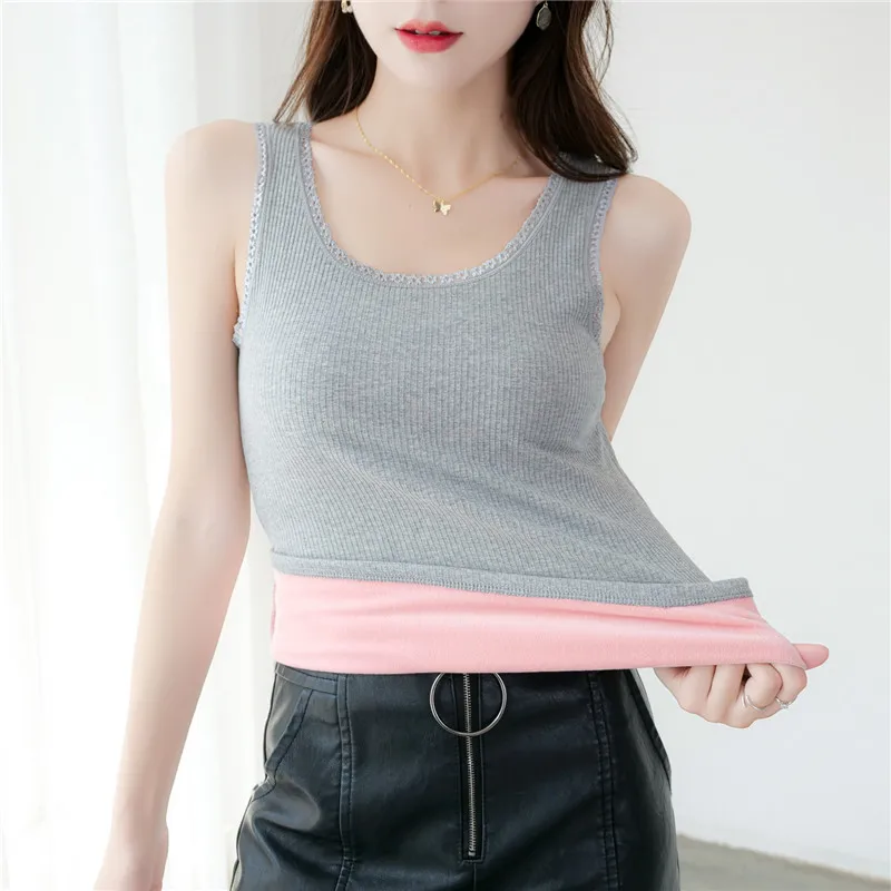 2020 Women Lace Patchwork Tank Autumn Winter Warm Thicken Velvet Camis Female Slim Sleeveless Vest Knitted underwear Tops AB2035