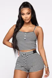 Hirigin 2PCS Women Sleepwear Summer Casual Bodycon Striped Crop Top and Shorts Outfits Clothes Sport Pajama Sets