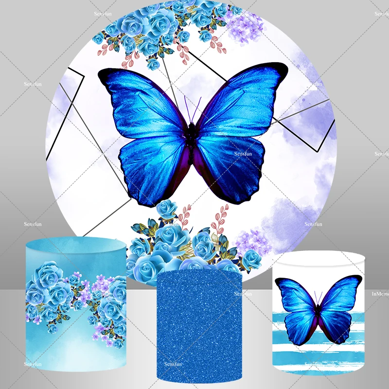 Baby Shower Decoration Round Backdrop Cover Blue Butterfly Photo ground for Kids Birthday Party Decoration Table Plinth Cover