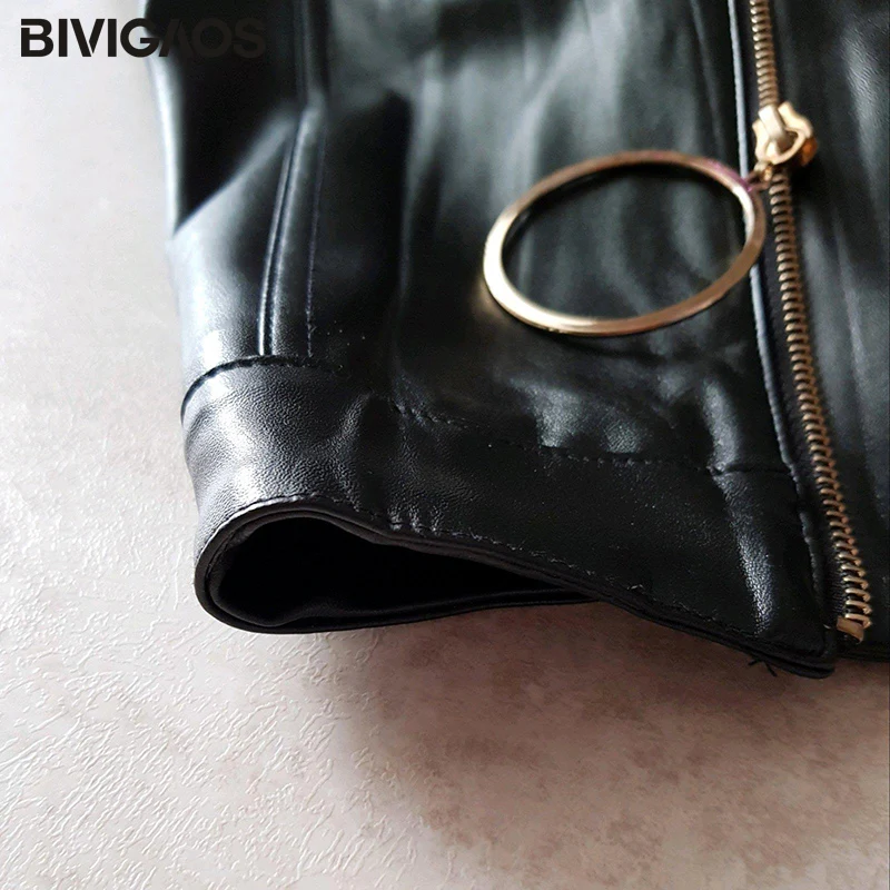 BIVIGAOS New Women\'s Large Ring Zipper PU Leather Skirt A-line Black High Waist Skirt Women Gothic Mini Skirt