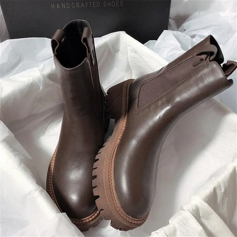 Chelsea Boots Chunky Boots Women Winter Shoes PU Leather Plush Ankle Boots Black Female Autumn Fashion Platform Booties