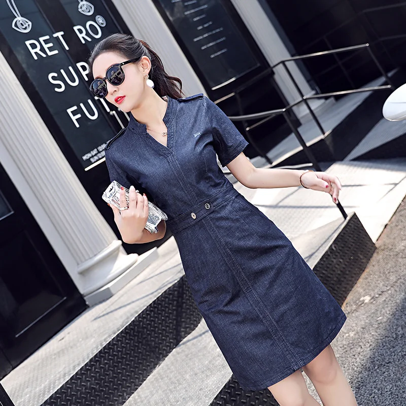 Waist High Top Quality Women V-Neck Autumn New Fashion Dress Office Lady Short Sleeve Straight Sashes Denim Jean Robe Femme