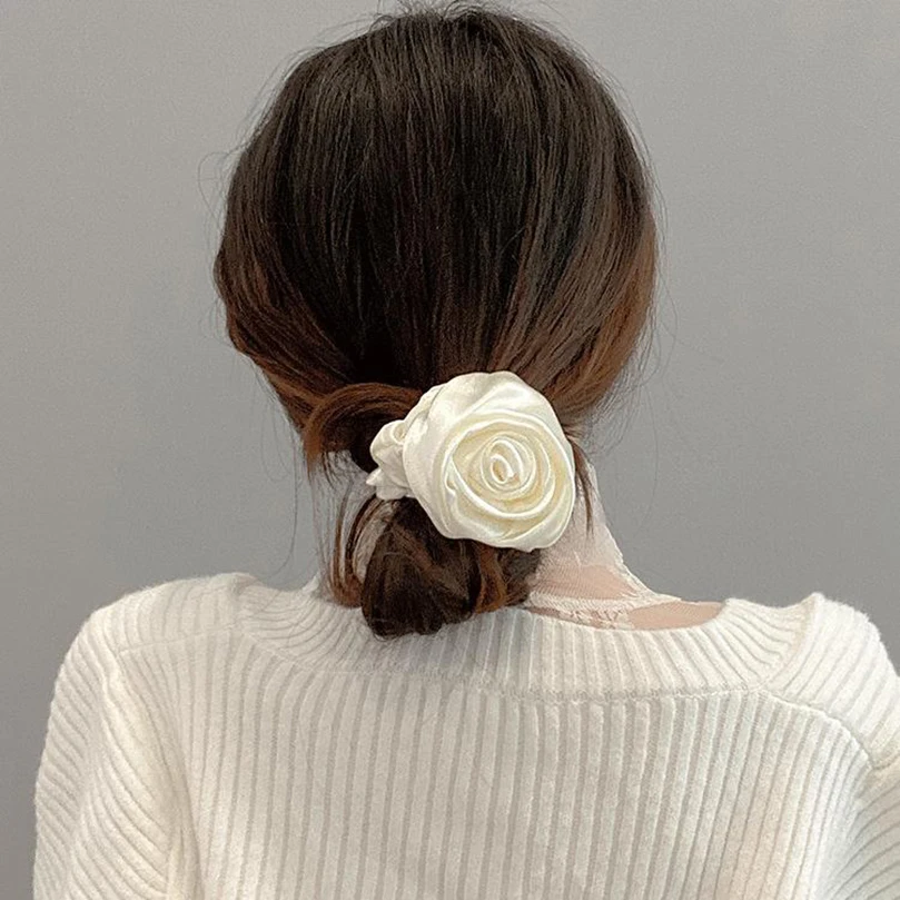 AWAYTR Korean Women Rose Elastic Hair Bands Hair Scrunchies Big Flower Satin Hair Rope Charms Horsetail Rubber Hair Accessories