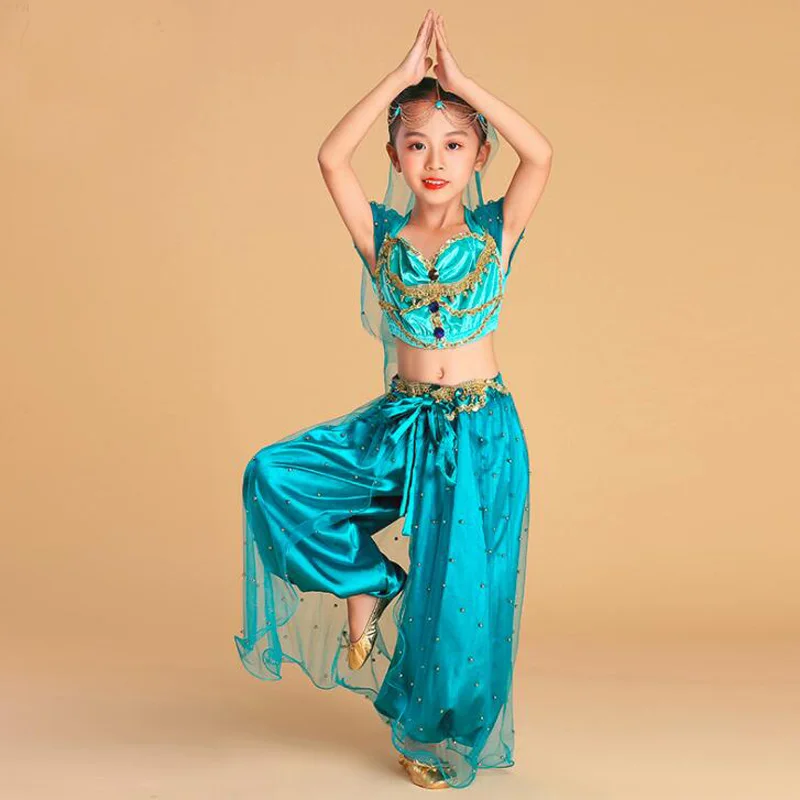 Costume Cosplay de princesse Jasmine pour enfants, ensemble de vêtements d'animation d'halloween, robe de Performance de danse du ventre Sexy pour filles