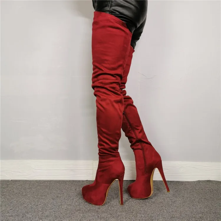 Olomm 2020 Handmade Women Platform Thigh High Boots Stiletto High Heels Boots Round Toe Wine Red Club Shoes Women Plus US 5--15