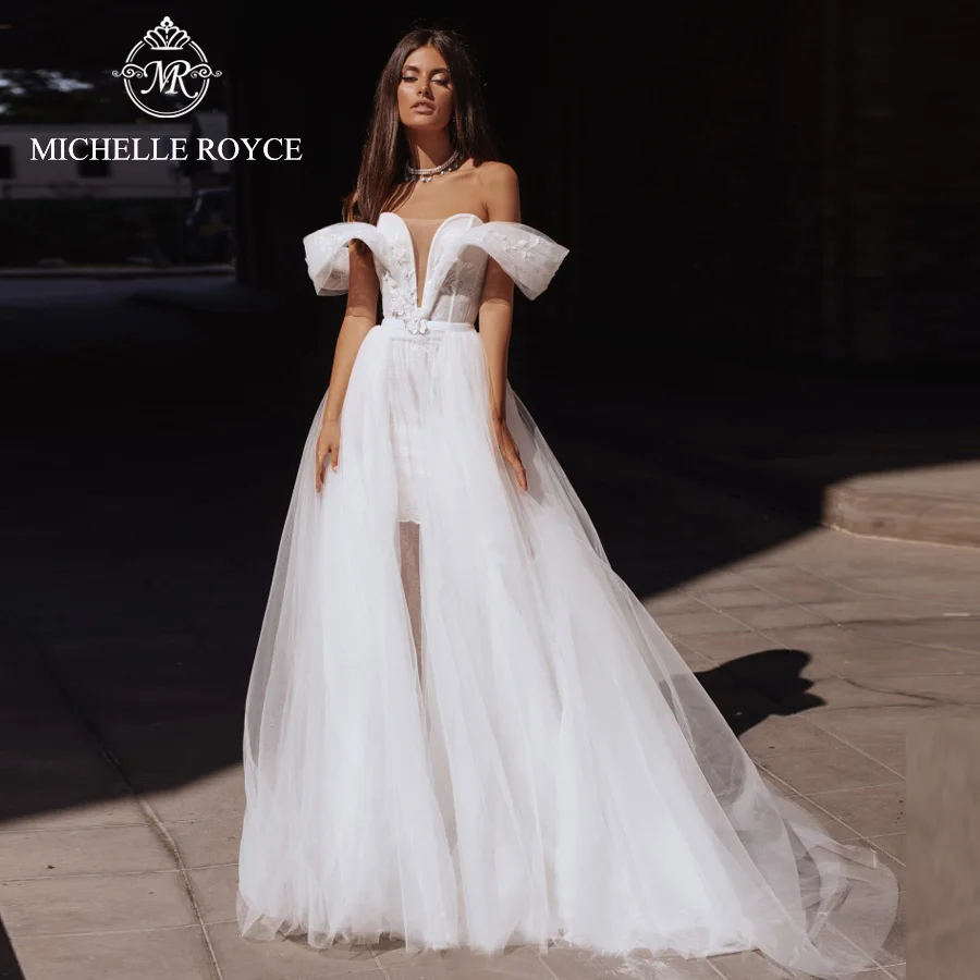 Michelle Royce 2 In 1 V-Neckline Wedding Dresses For Women 2022 Off the Shoulder Detachable Train Wedding Gown Vestido De Novia