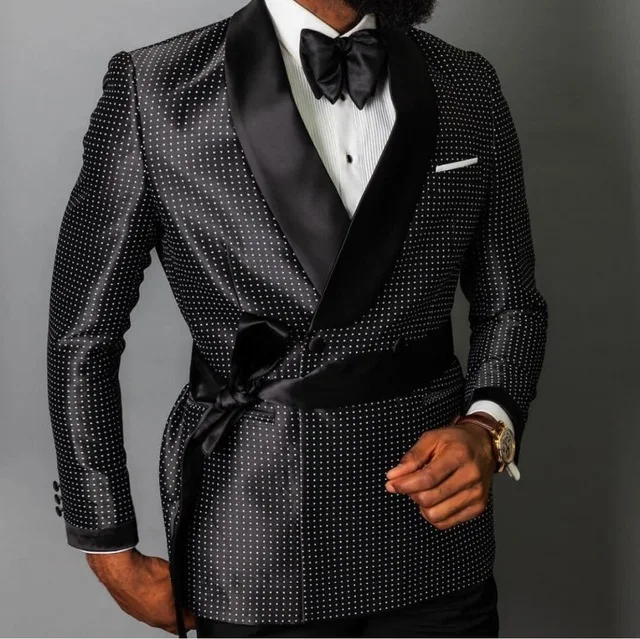 New Style Handsome Black Dots Men Suits Double Breasted For Wedding Slim Fit Groom Tuxedos 2 Pieces Set Suits Jacket with Pants