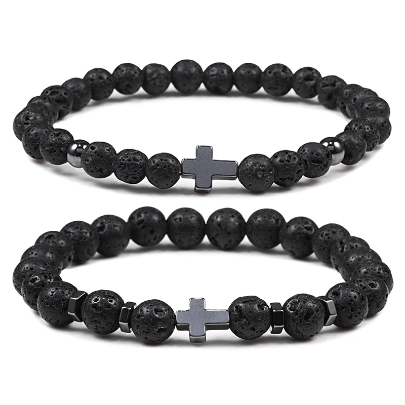 6mm 8mm feminino masculino oração frisado pulseira quente hematita cruz contas de madeira natural pedra lava ônix meditação pulseiras yoga jóias