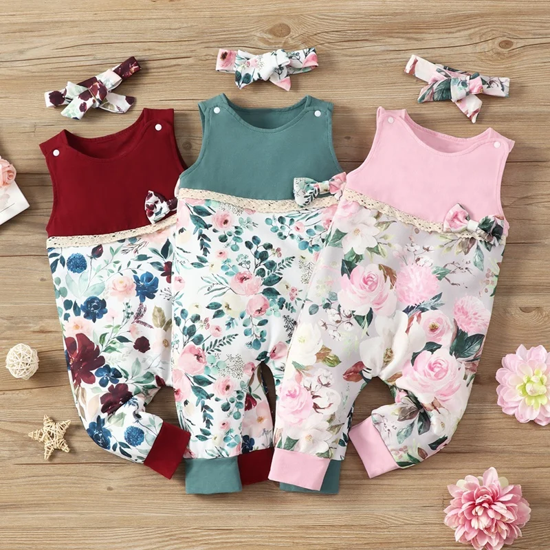 New Summer Baby Clothes Baby Boy Girl Rompers Flower Print Patchwork Sleeveless Baby Rompers+headband 2 Pcs Baby Jumpsuits 0-18M