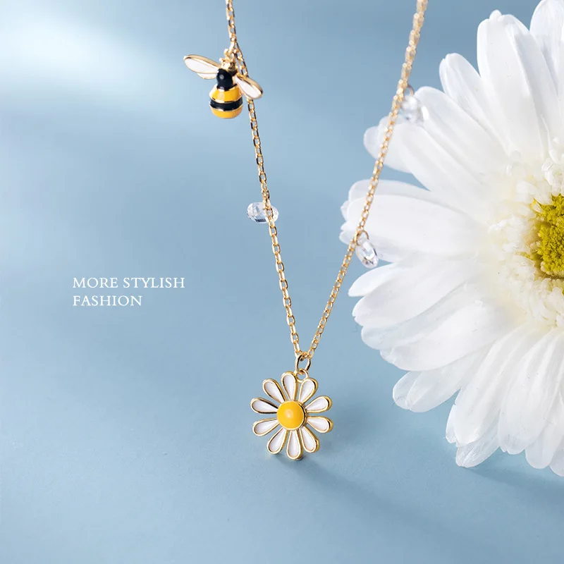 New Arrivals Sterling Silver 925 Bee Charm Necklaces for Women Wedding Jewelry Flower Pendant Long Statement Necklaces Gifts
