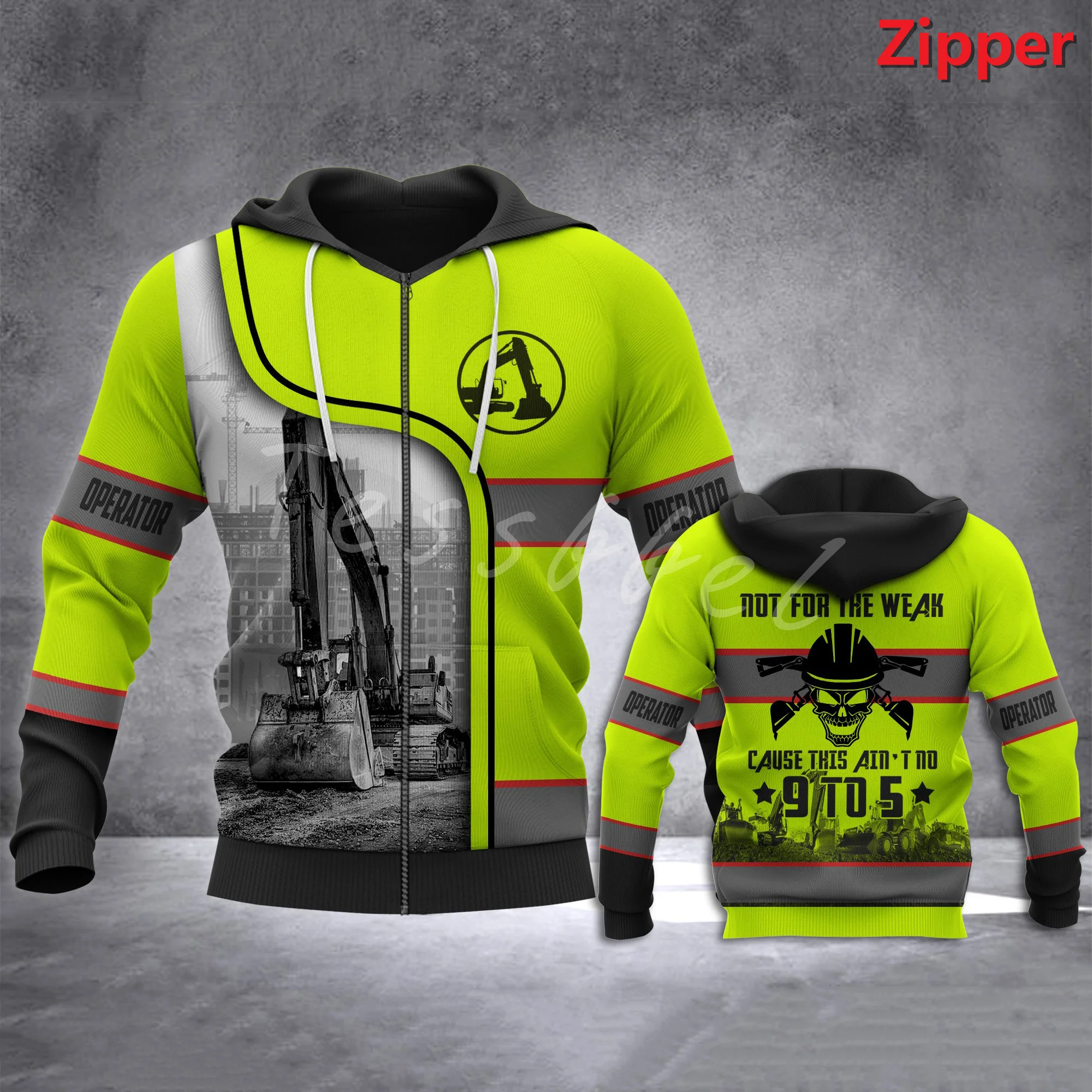 Tessffel máquina escavadora operador impressão 3d moda ao ar livre protetor solar workwear hoodies zíper com capuz engraçado roupas casuais Styel-5