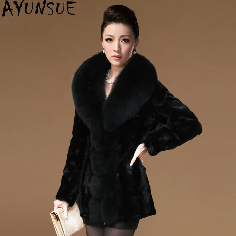 

AYUNSUE Real Mink Fur Coat Female Winter 2021 Warm Thick Fox Fur Collar Jackets Women's Fur Coats Casaco Feminino Inverno Gxy360