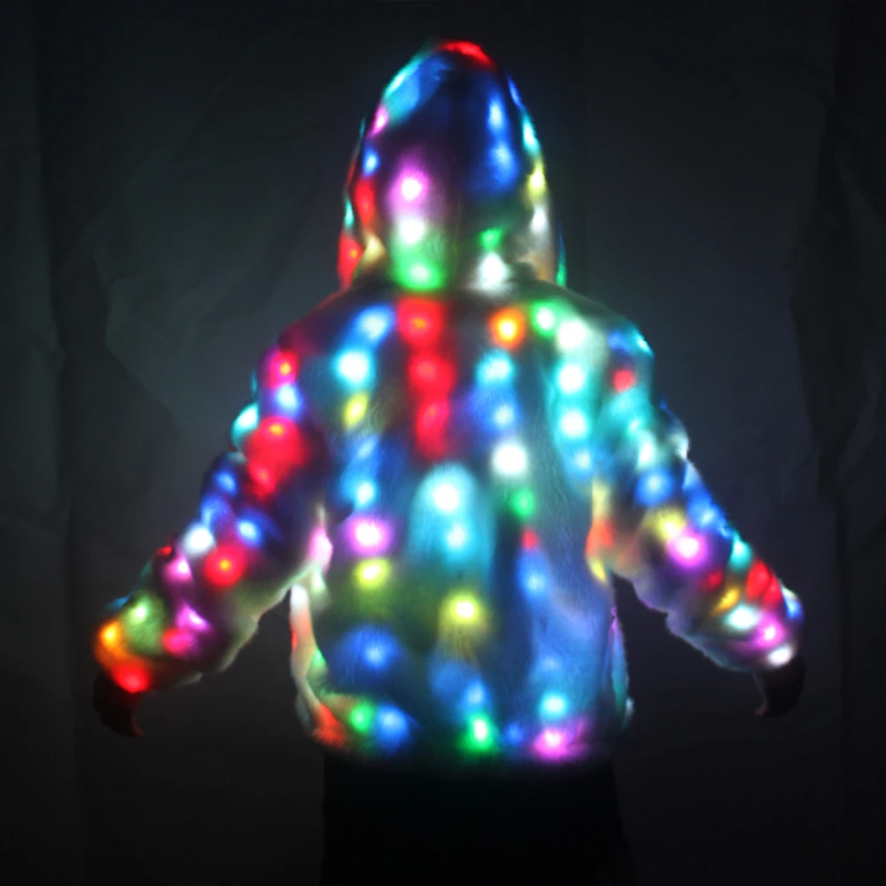 LED Luminous Faux Fur Coat Lady Bar Dance Show Nightclub Clothes, LED DJ Costumes. Christmas, Halloween Party, Cospaly Suit