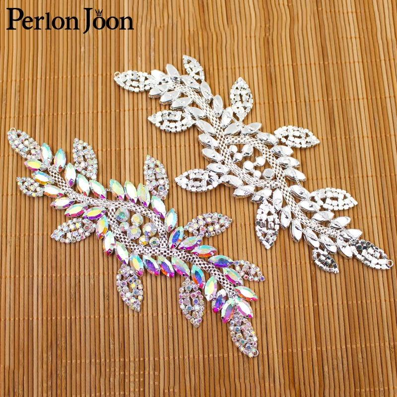 1pcs AB color crystal leaf long patch AB rhinestone glass welding flower silver decal for wedding boots decorative accessories