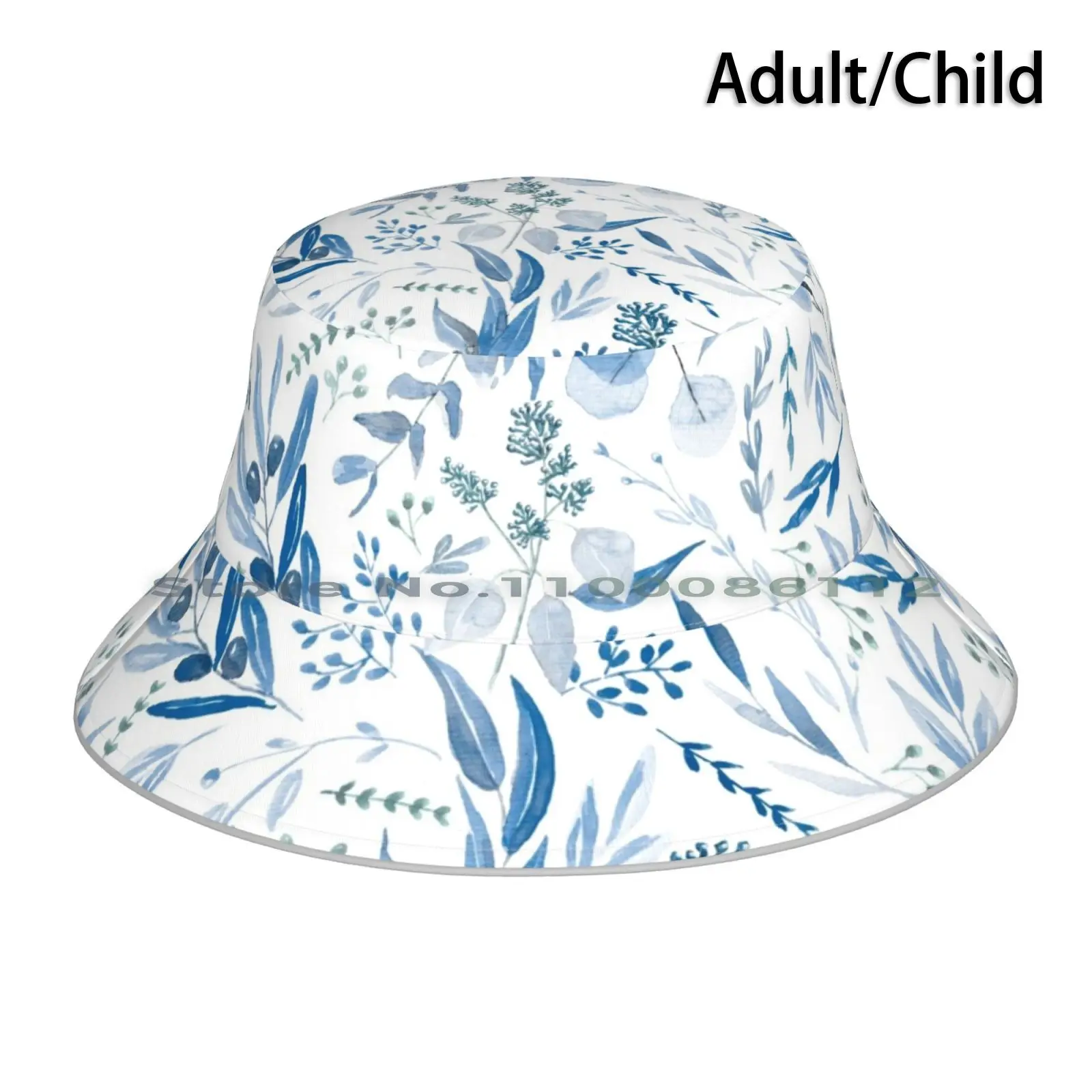 Eucalyptus Pattern-Blue Bucket Hat Sun Cap Flowers Pattern Violet Lilac Nature Botanical Female Roses Dark Leaves Watercolors