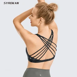 SYROKAN Strappy biustonosze sportowe dla kobiet krzyż powrót Sexy usztywniany biustonosz do jogi topy śliczne odzież sportowa wyściełane koszule z nadrukiem biustonosze bielizna