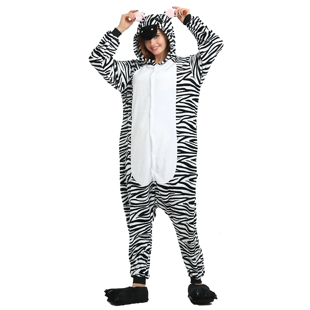 Kigurumi Zebra Onesie Adult Women Sleepwear Costume Animal Pajamas One Piece Flannel Winter Warm Loose Men Couple Cosplay Pyjama