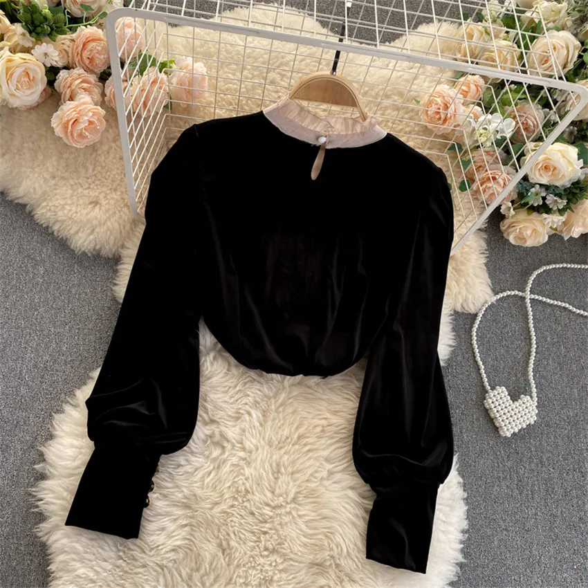 New Women Gold Velvet Blouse Girl Mesh Patchwork Shirt Spring Long Sleeve Palace Blousas Basic Tops Pullovers Bottomings WZ1305