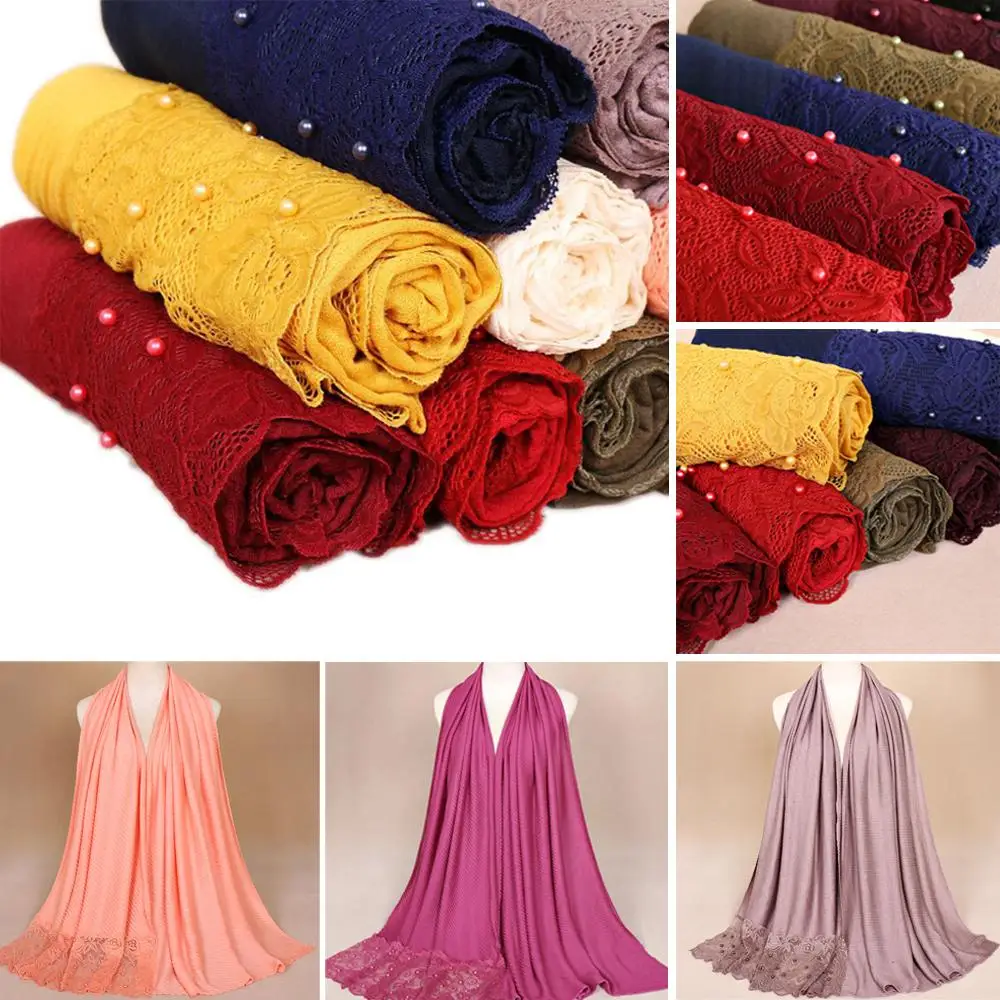 

200*70CM Women Long Scarf Cotton Shawl Wrap Muslim Soft Crinkle Cloud Hijab Pashmina Stole Lace Patchwork Beading Cape Fashion