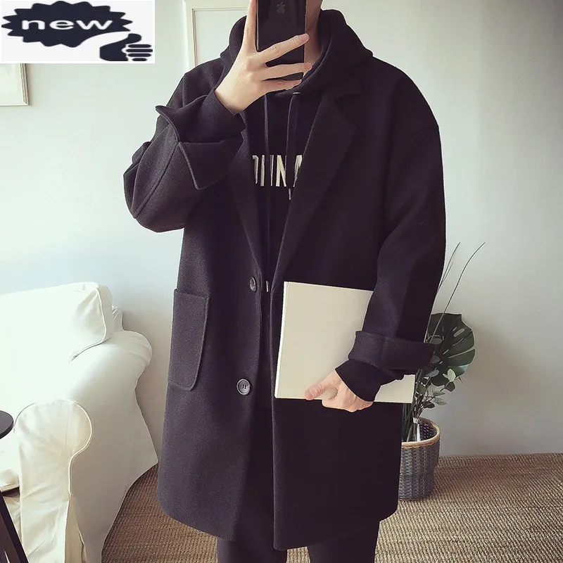 

Korean New Oversize Long Coat For Men Wool Blends Casaco Masculino Winter Warm Mens Overcoat Lapel Collar Single Breasted Trench