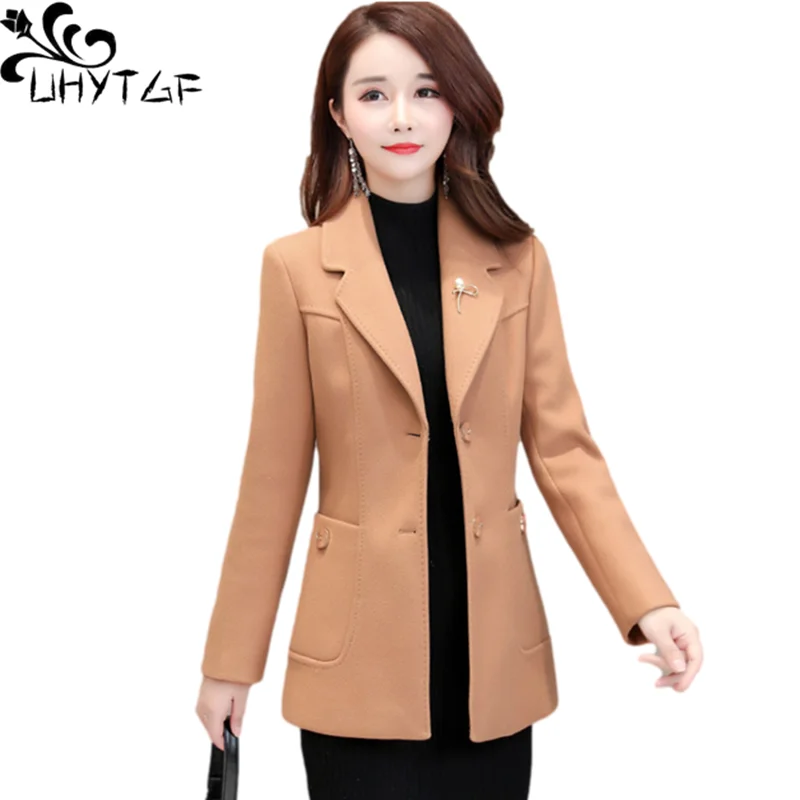 

UHYTGF Elegant Womens 5XL Big Size Tops Outerwear Solid Wild Casual Spring Autumn Woolen Coat Female Fashion Short Jacket 1332