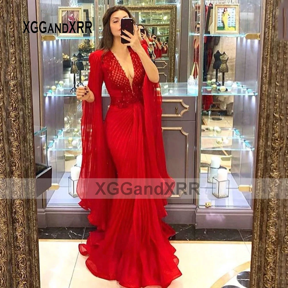 Customized Gorgeous Deep V Neck Long Sleeves Red Mermaid Prom Dress Formal Evening Dress Long Special Occasion Tulle Party Gown